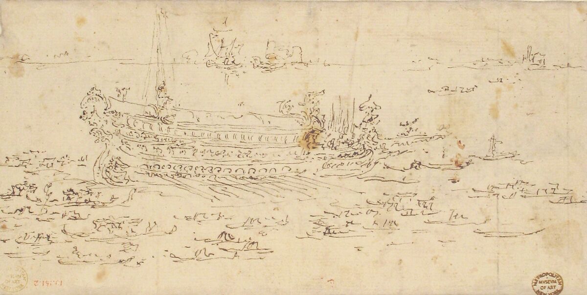 The Bucintoro Moving to the Left (recto); The Bucintoro Moving to the Right (verso), Francesco Guardi (Italian, Venice 1712–1793 Venice), Pen and brown ink, brush with brown and red wash (recto); pen and brown ink (verso)
