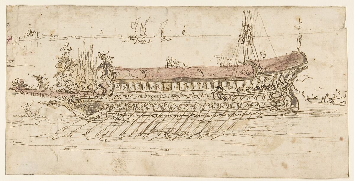 The Bucintoro Moving to the Left (recto); The Bucintoro Moving to the Right (verso), Francesco Guardi (Italian, Venice 1712–1793 Venice), Pen and brown ink, brush with brown and red wash (recto); pen and brown ink (verso) 