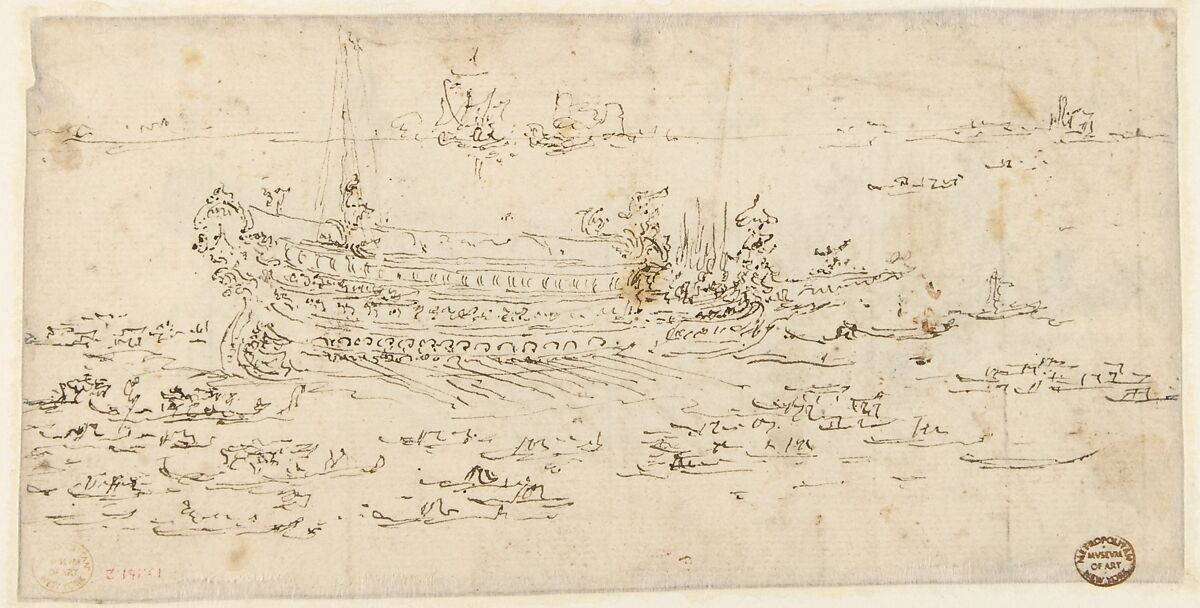 The Bucintoro Moving to the Left (recto); The Bucintoro Moving to the Right (verso), Francesco Guardi (Italian, Venice 1712–1793 Venice), Pen and brown ink, brush with brown and red wash (recto); pen and brown ink (verso)