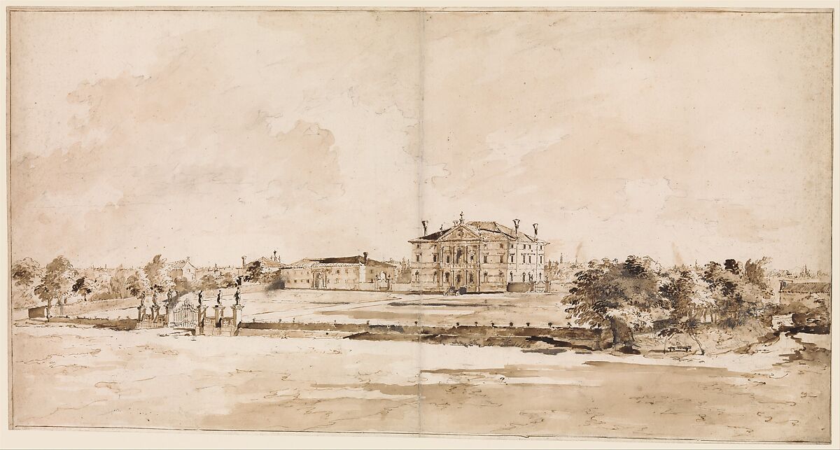 The Villa Loredan, near Treviso, Francesco Guardi (Italian, Venice 1712–1793 Venice), Pen and brown ink, brush and brown wash, touches of white gouache, over black chalk 