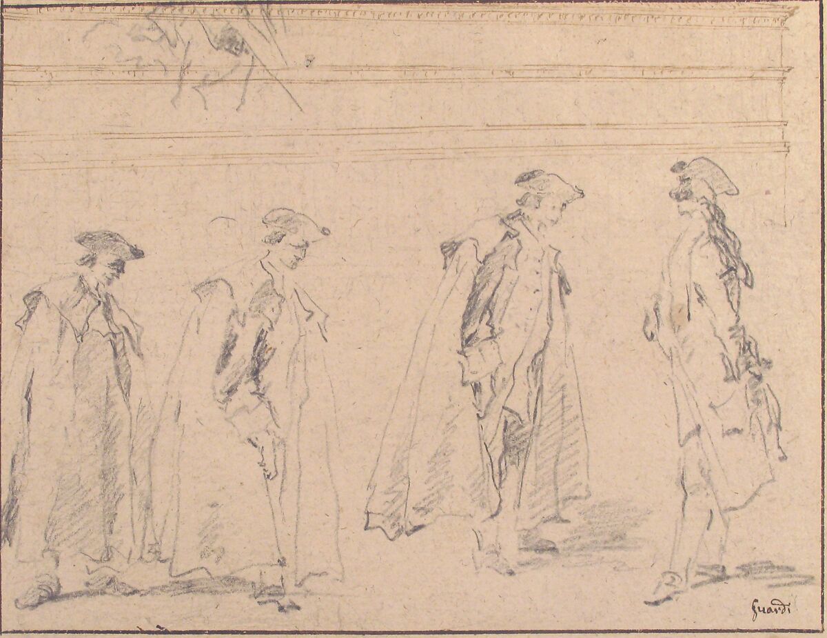 Figure Studies (recto); Figures Along a Canal and on a Bridge; to the right, a Curtain and a Stool (?) (verso), Francesco Guardi (Italian, Venice 1712–1793 Venice), Black chalk, pen and brown ink, over black chalk on beige paper (recto); black chalk (verso); framing lines in pen and brown ink