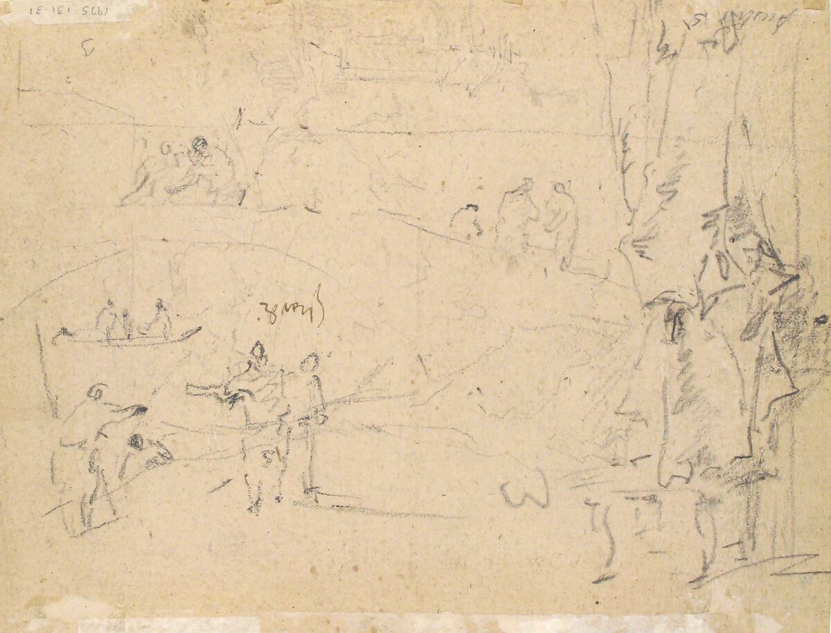 Figure Studies (recto); Figures Along a Canal and on a Bridge; to the right, a Curtain and a Stool (?) (verso), Francesco Guardi (Italian, Venice 1712–1793 Venice), Black chalk, pen and brown ink, over black chalk on beige paper (recto); black chalk (verso); framing lines in pen and brown ink