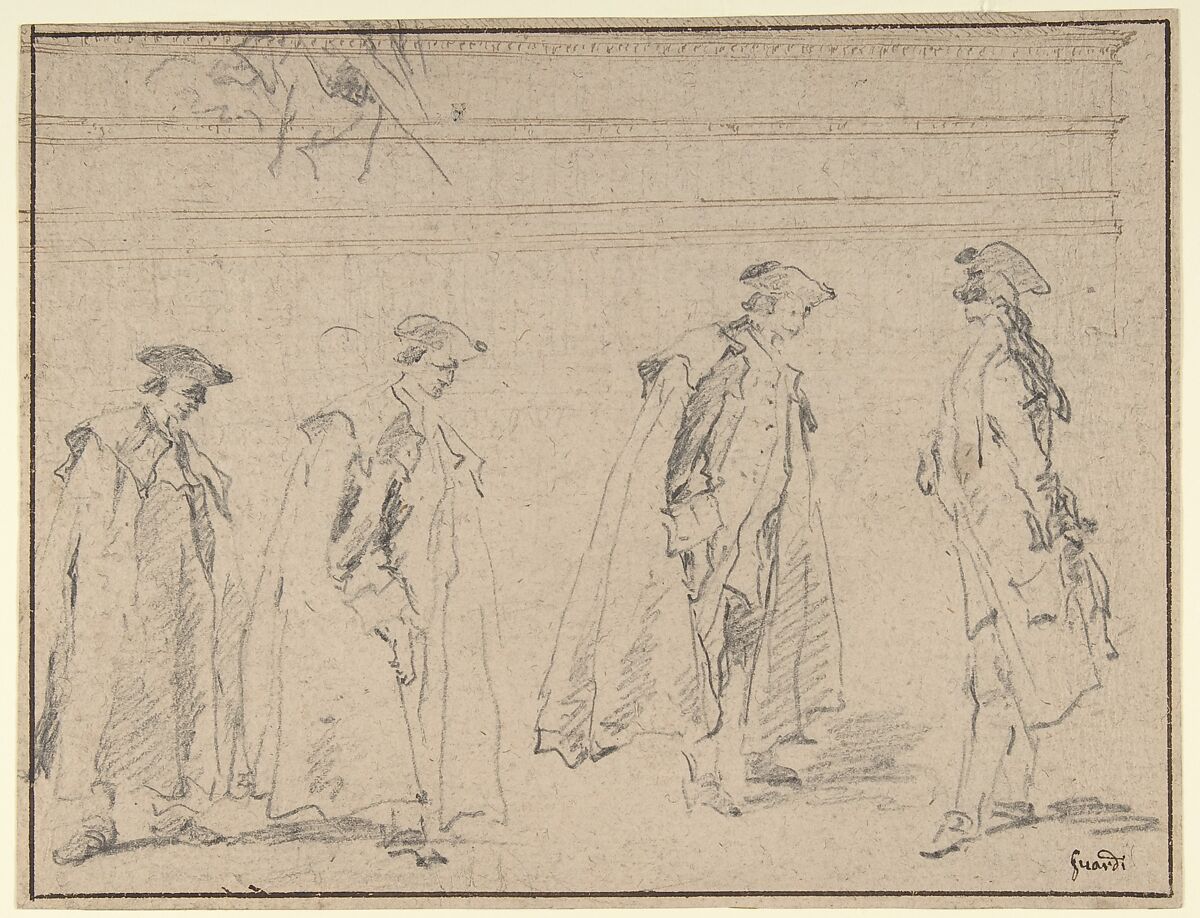 Figure Studies (recto); Figures Along a Canal and on a Bridge; to the right, a Curtain and a Stool (?) (verso), Francesco Guardi (Italian, Venice 1712–1793 Venice), Black chalk, the architecture drawn in pen and brown ink over black chalk on beige paper (recto). Framing lines in pen and brown ink. Black chalk (verso) 