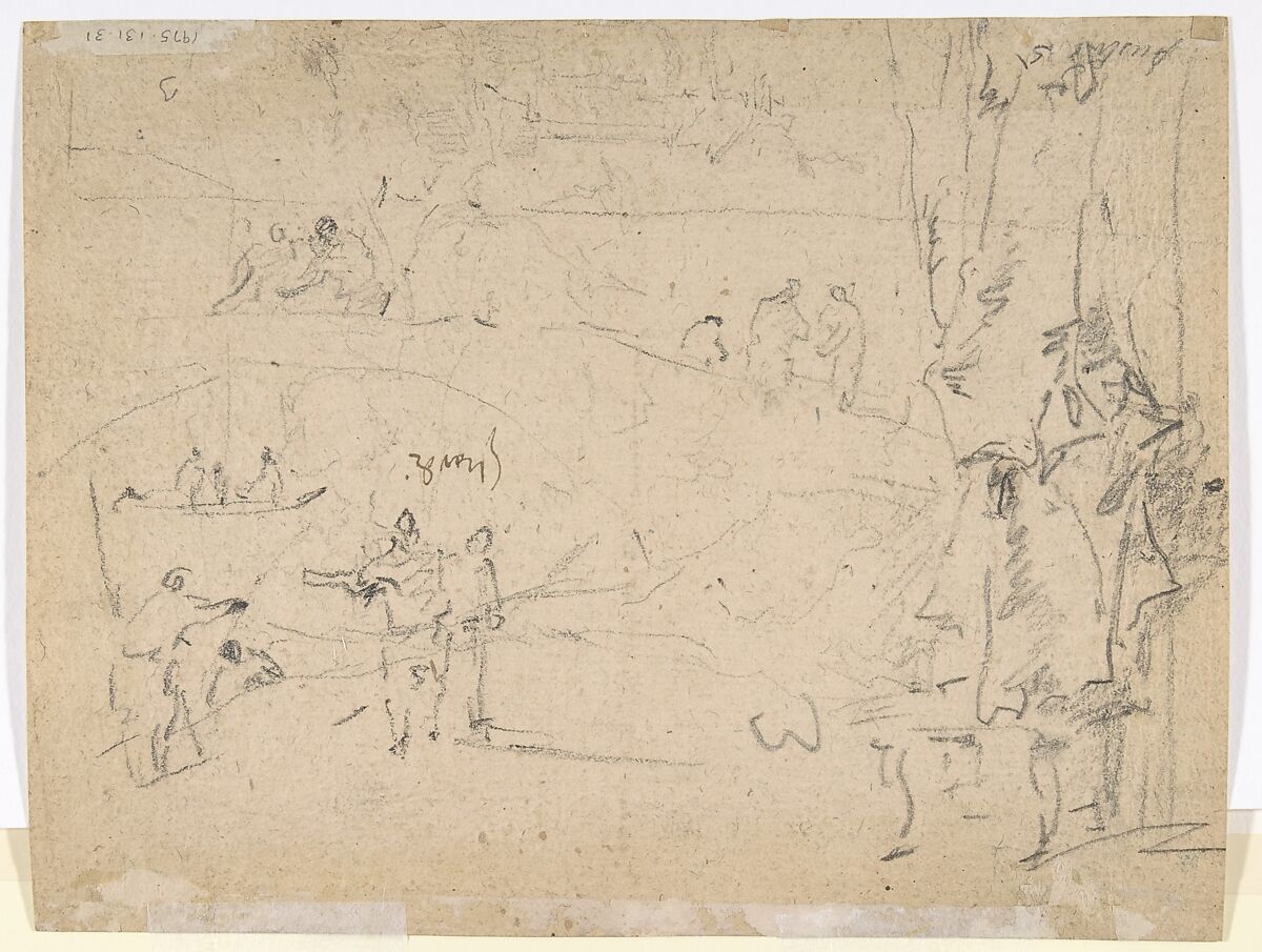 Figure Studies (recto); Figures Along a Canal and on a Bridge; to the right, a Curtain and a Stool (?) (verso), Francesco Guardi (Italian, Venice 1712–1793 Venice), Black chalk, pen and brown ink, over black chalk on beige paper (recto); black chalk (verso); framing lines in pen and brown ink