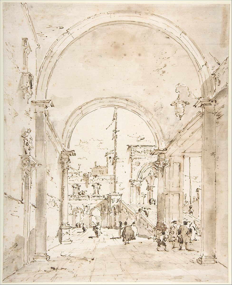 Architectural Capriccio: Grand Staircase Seen through an Archway, Francesco Guardi (Italian, Venice 1712–1793 Venice), Pen and brown ink, brush and brown wash, over black chalk 