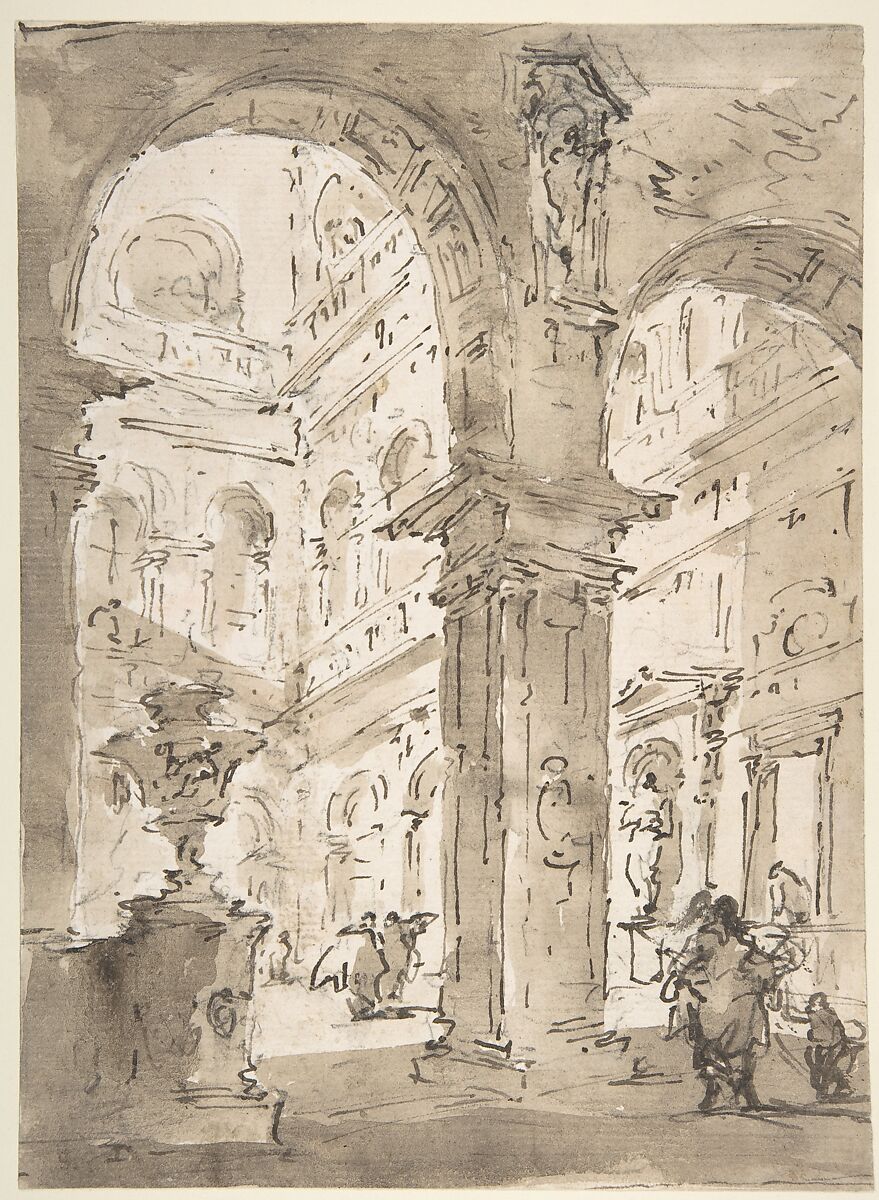 Architectural Capriccio: Courtyard of a Palace (recto); Saint Aloysius Gonzaga Holding a Crucifix (verso), Francesco Guardi (Italian, Venice 1712–1793 Venice), Pen and brown ink, brush and brown wash, over black chalk (recto); graphite (verso) 