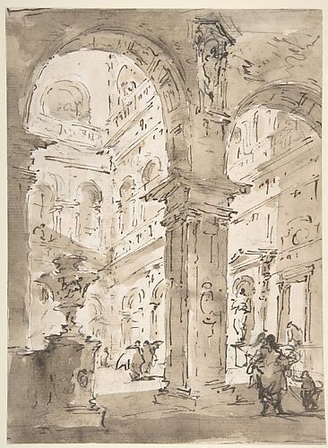 Architectural Capriccio: Courtyard of a Palace (recto); Saint Aloysius Gonzaga Holding a Crucifix (verso)