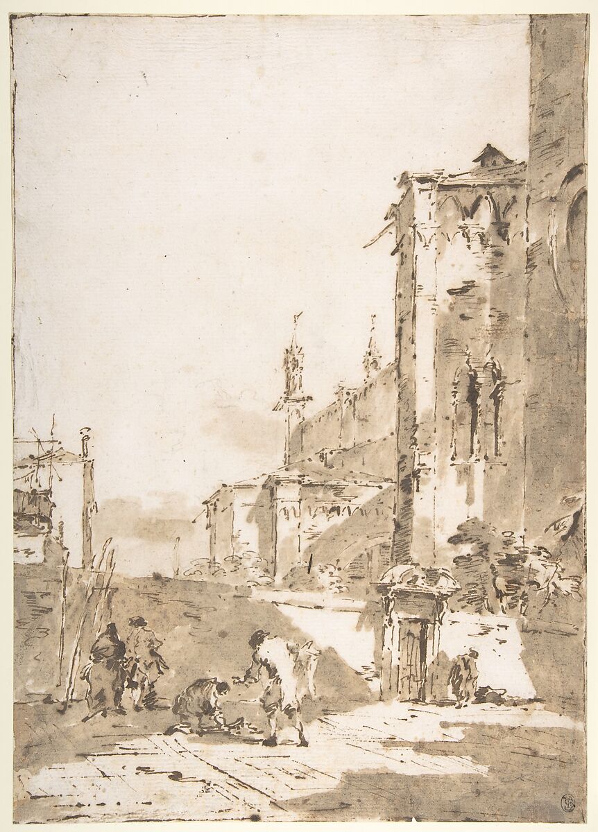 Dice Players in a Venetian Square, Francesco Guardi (Italian, Venice 1712–1793 Venice), Pen and brown ink, brush and brown wash, over traces of graphite or lead or black chalk; framing lines in pen and brown ink 