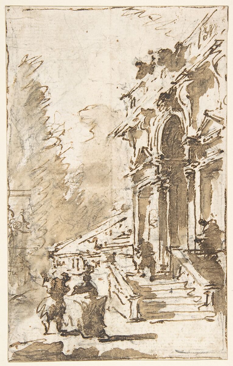 Architectural Capriccio: Garden Entrance to a Palace (recto); Three Masked and Costumed Figures and Other Figure Studies (verso), Francesco Guardi  Italian, Pen and brown ink, brush and  brown wash, over black chalk. Framing lines in pen and brown ink (recto); pen and light brown ink for costumed figures; dark brown ink for the other figures; in graphite, drawing of a head in profile (verso)
