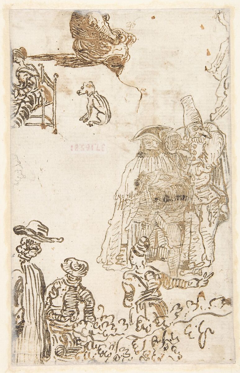 Architectural Capriccio: Garden Entrance to a Palace (recto); Three Masked and Costumed Figures and Other Figure Studies (verso), Francesco Guardi (Italian, Venice 1712–1793 Venice), Pen and brown ink, brush and  brown wash, over black chalk. Framing lines in pen and brown ink (recto); pen and light brown ink for costumed figures; dark brown ink for the other figures; in graphite, drawing of a head in profile (verso)