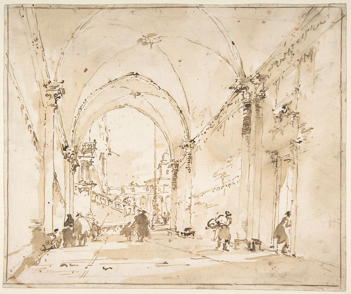 Architectural Capriccio: Vaulted Passageway Leading to a Square, Francesco Guardi (Italian, Venice 1712–1793 Venice), Pen and brown ink, brush and brown wash, over traces of black chalk.  Framing lines in pen and brown ink 