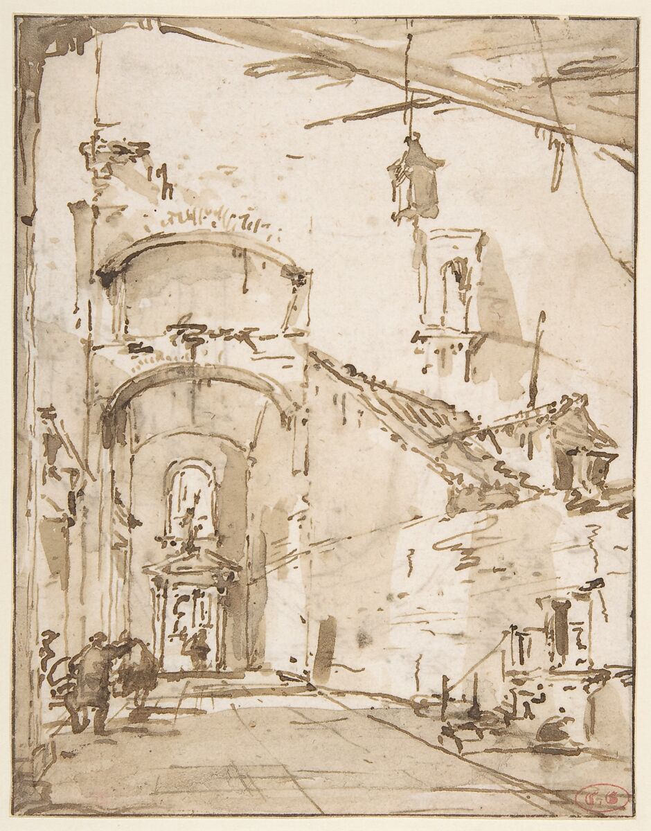 Architectural Capriccio: A Vaulted Passageway (recto); Ruined Loggia (verso), Francesco Guardi (Italian, Venice 1712–1793 Venice), Pen and brown ink, brush and brown wash (recto). Framing lines in pen and brown ink. Pen and brown ink (verso) 