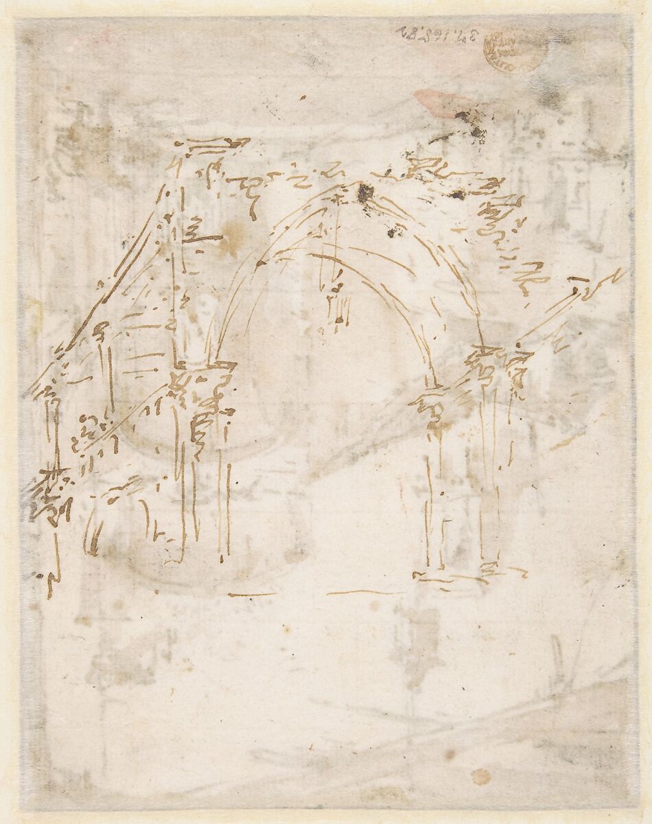 Architectural Capriccio: A Vaulted Passageway (recto); Ruined Loggia (verso), Francesco Guardi (Italian, Venice 1712–1793 Venice), Pen and brown ink, brush and brown wash (recto); pen and brown ink (verso); framing lines in pen and brown ink
