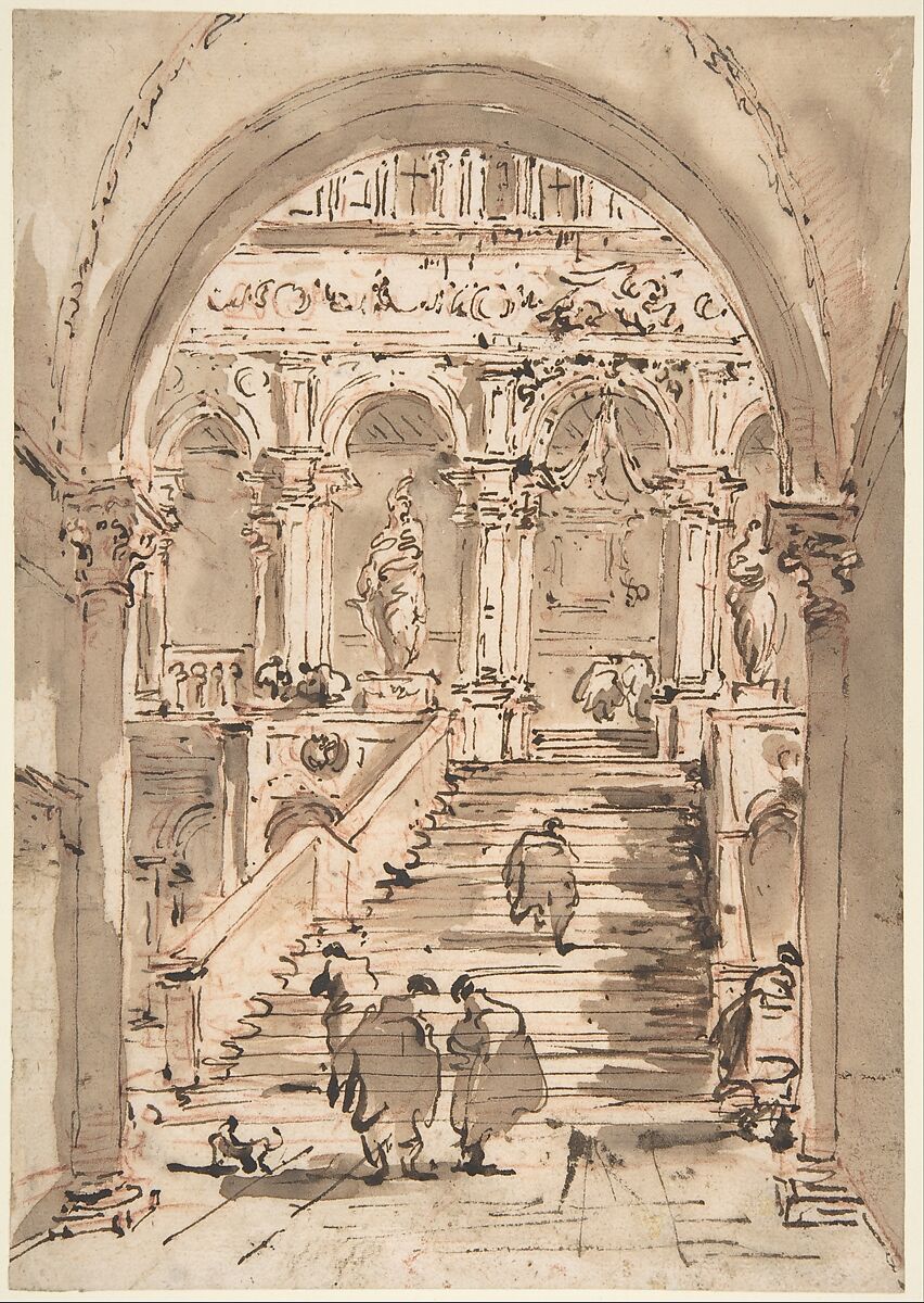 The Staircase of the Giants, Ducal Palace, Venice, Francesco Guardi (Italian, Venice 1712–1793 Venice), Pen and brown ink, brush and brown wash, over red chalk. Selectively pricked holes for the construction of straight lines 