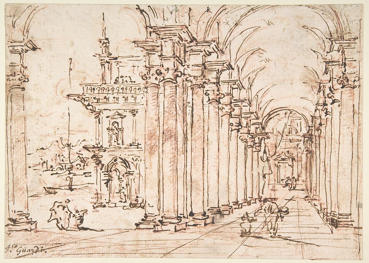 Architectural Capriccio: Vaulted Colonnade of a Palace, Francesco Guardi (Italian, Venice 1712–1793 Venice), Pen and brown ink, over red chalk 