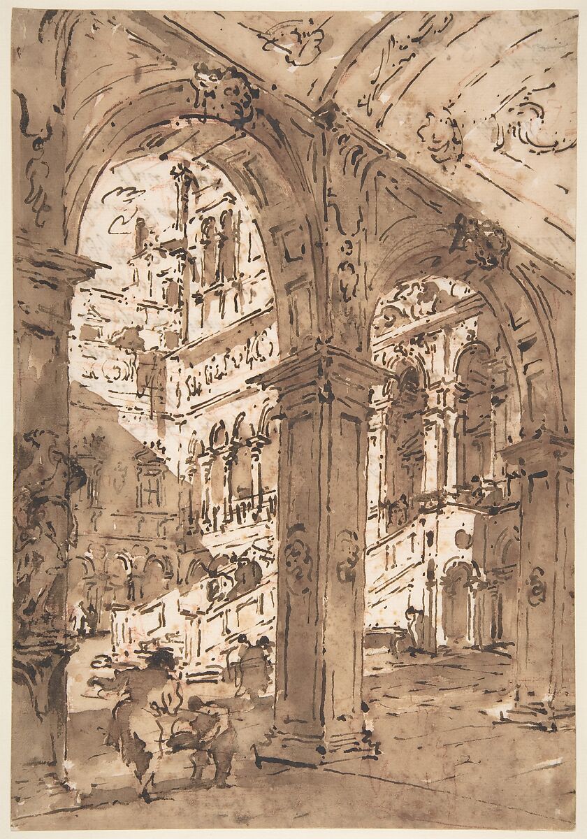 Architectural Capriccio: Courtyard of a Palace, Francesco Guardi (Italian, Venice 1712–1793 Venice), Pen and brown ink, brush and brown wash, over red chalk 