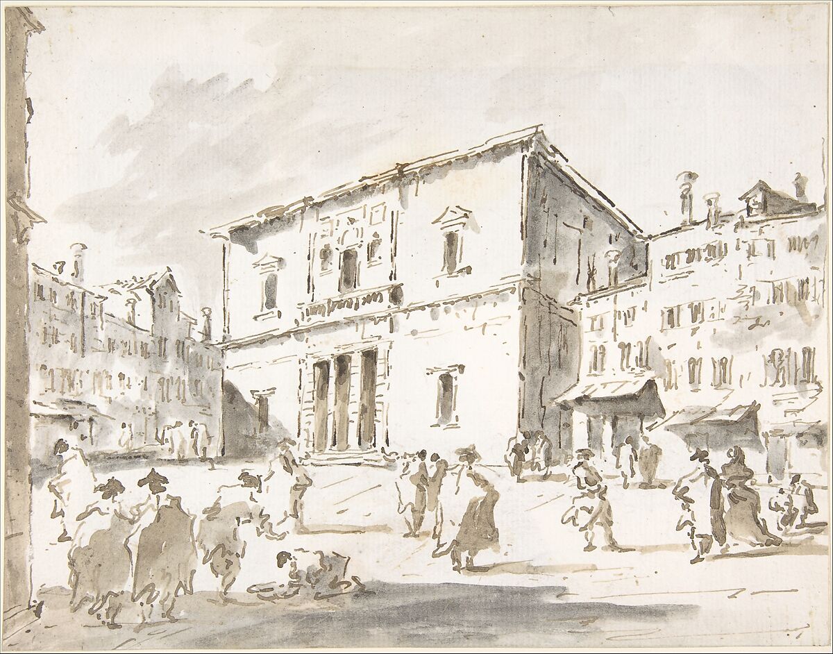 The Fenice Theater in Venice (recto); Fragment of a Larger Drawing Representing Part of a Column and a Cornice (verso), Francesco Guardi (Italian, Venice 1712–1793 Venice) (recto), Pen and brown ink, brush with brown and gray wash over traces of black chalk (recto); pen and brown ink, brush and gray wash (verso) 