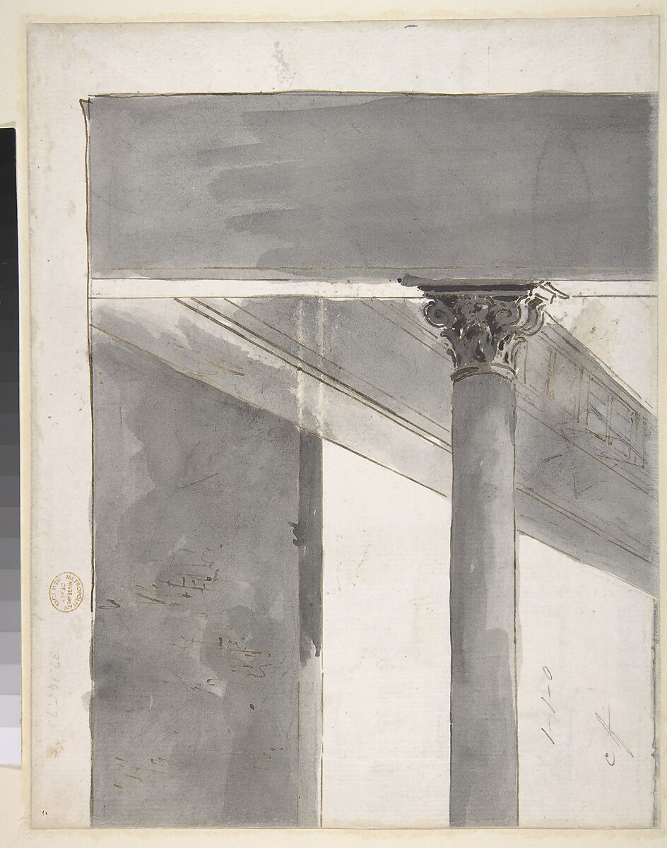 The Fenice Theater in Venice (recto); Fragment of a Larger Drawing Representing Part of a Column and a Cornice (verso), Francesco Guardi (Italian, Venice 1712–1793 Venice) (recto), Pen and brown ink, brush with brown and gray wash over traces of black chalk (recto); pen and brown ink, brush and gray wash (verso)