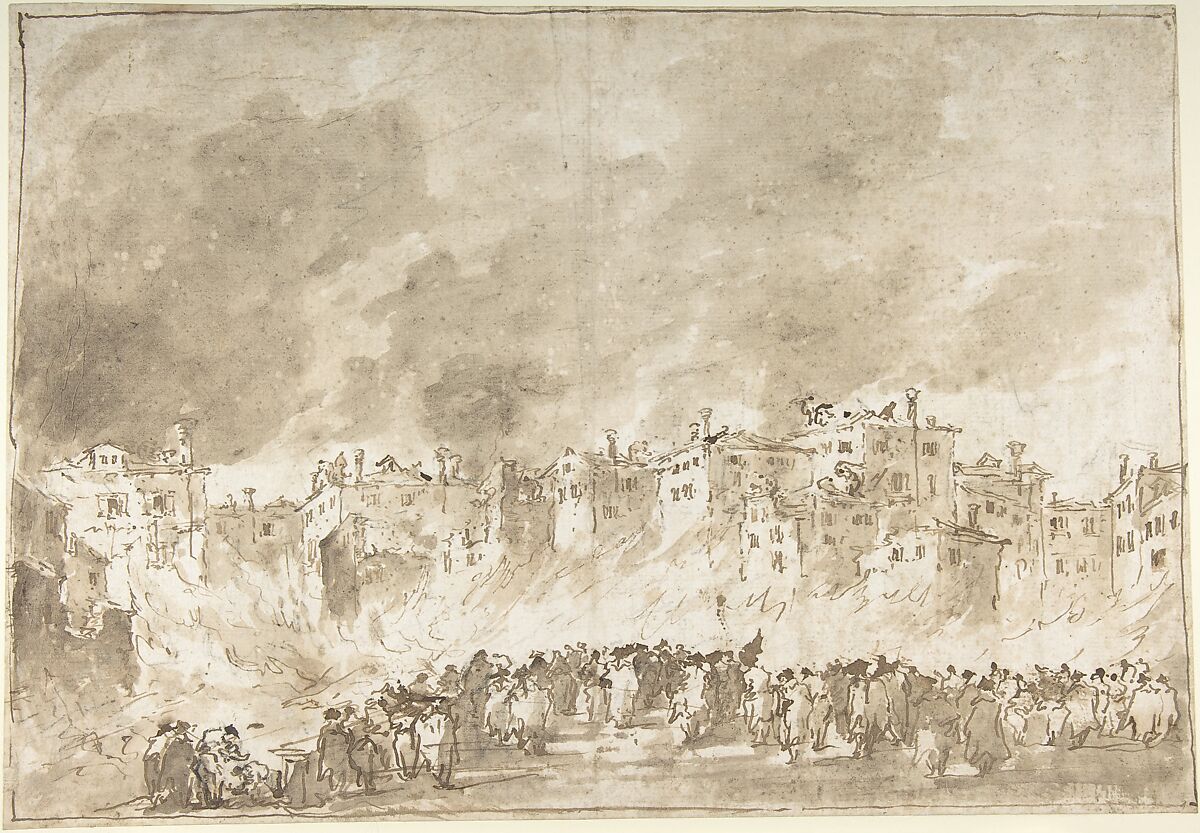 The Fire at San Marcuola (recto); Roman Ruins (verso), Francesco Guardi  Italian, Pen and brown ink, brush and brown wash, over black chalk (recto); framing lines in pen and brown ink<br/>Pen and brown ink, brush and brown wash, over black chalk; framing lines in pen and brown ink at the left, top and bottom border in graphite at the right border (verso)