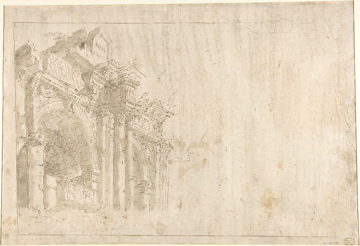 The Fire at San Marcuola (recto); Roman Ruins (verso), Francesco Guardi (Italian, Venice 1712–1793 Venice), Pen and brown ink, brush and brown wash, over black chalk (recto); framing lines in pen and brown ink
Pen and brown ink, brush and brown wash, over black chalk; framing lines in pen and brown ink at the left, top and bottom border in graphite at the right border (verso)