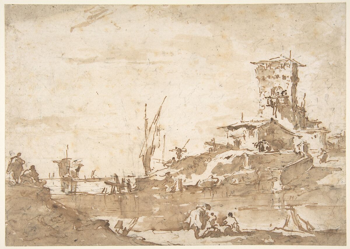Lagoon Capriccio with a Tower, Francesco Guardi (Italian, Venice 1712–1793 Venice), Pen and brown ink, brush and  brown wash, over black chalk 