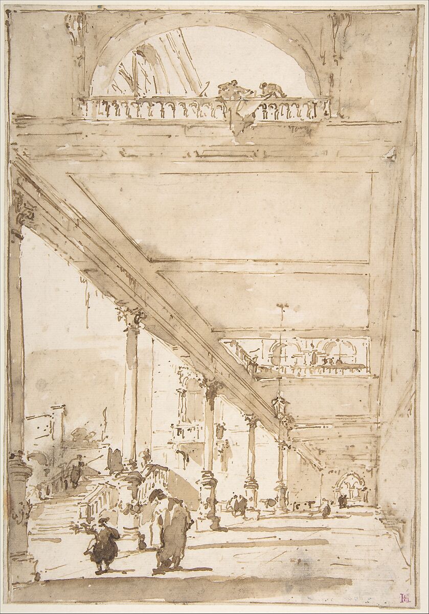 Architectural Capriccio:  A Palace Colonnade, Francesco Guardi  Italian, Pen and brown ink, brush and brown wash, over black chalk; framing lines in pen and brown ink