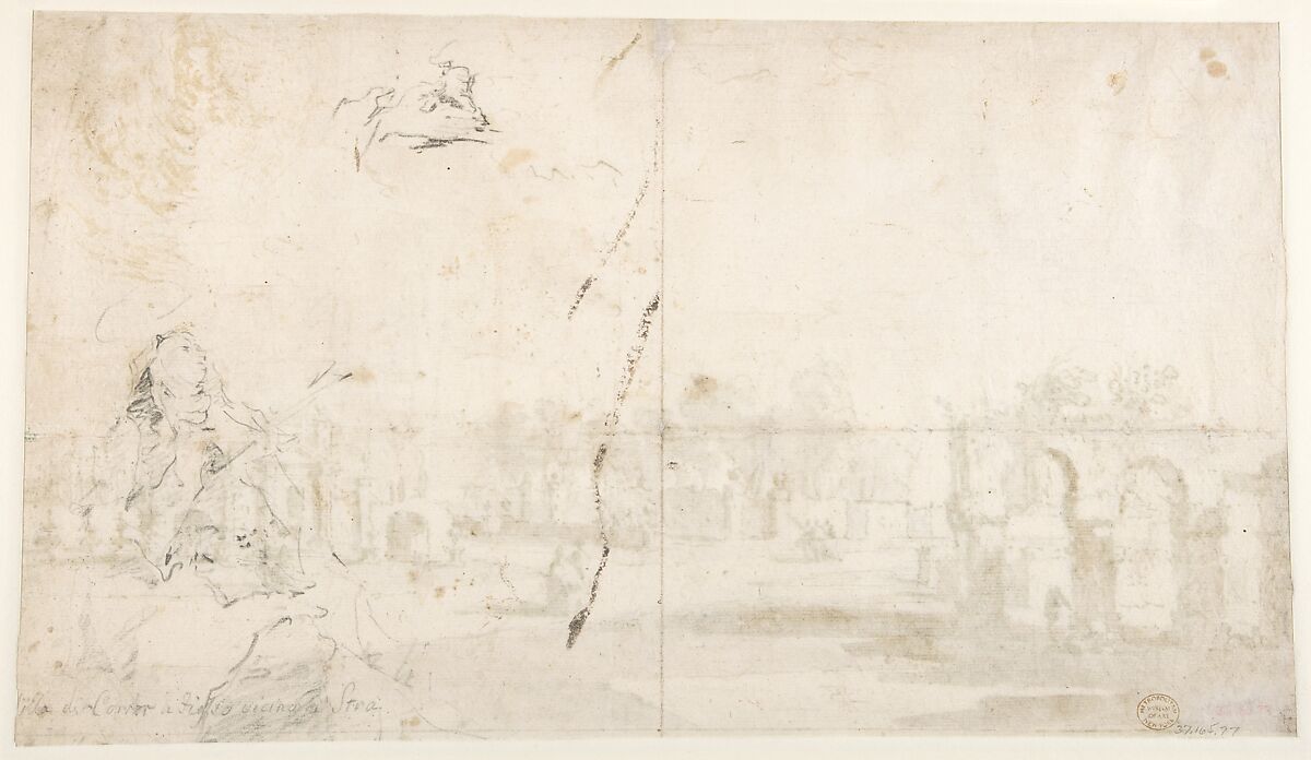 Gardens of the Villa Correr, near Strà (recto); Study for The Transverberation of Saint Teresa of Jesus and a Study of Hands (verso), Francesco Guardi (Italian, Venice 1712–1793 Venice), Pen and brown ink, brush and brown wash, over charcoal (recto). Framing lines in pen and brown ink; charcoal (verso)