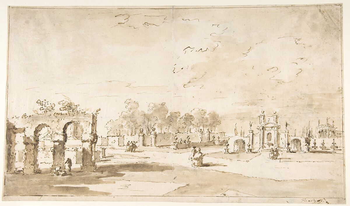 Gardens of the Villa Correr, near Strà (recto); Study for The Transverberation of Saint Teresa of Jesus and a Study of Hands (verso), Francesco Guardi (Italian, Venice 1712–1793 Venice), Pen and brown ink, brush and brown wash, over charcoal (recto). Framing lines in pen and brown ink; charcoal (verso) 