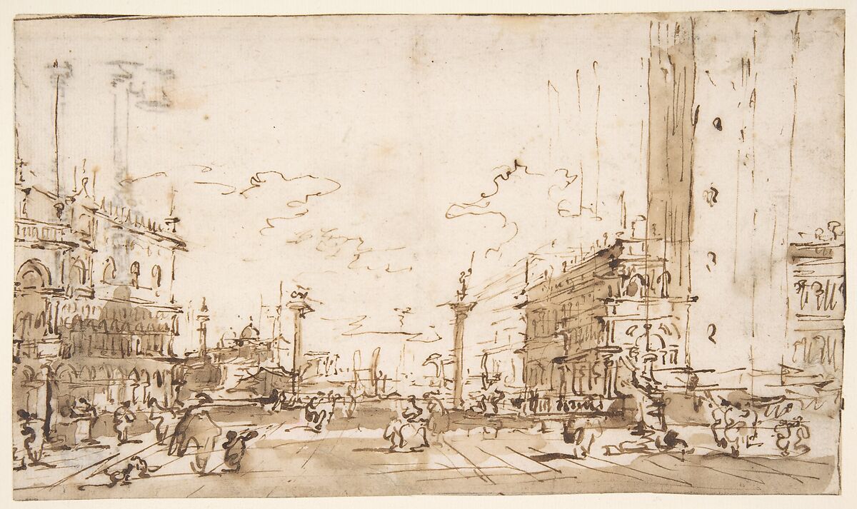 The Piazzetta, Looking Toward San Giorgio Maggiore (recto); Two Columns (verso), Francesco Guardi (Italian, Venice 1712–1793 Venice), Pen and brown ink, brush and brown wash (recto). Framing lines in pen and brown ink. Pen and brown ink sketch of two columns (verso) 