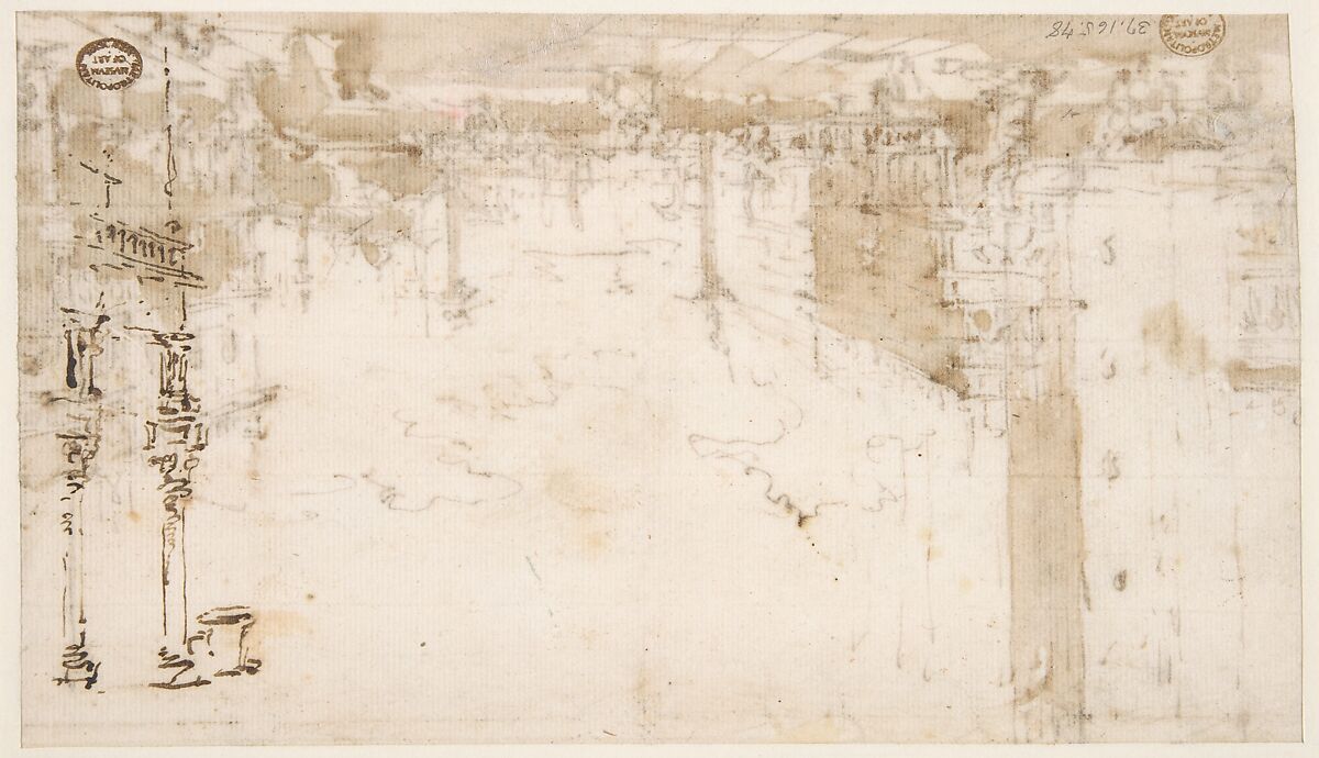 The Piazzetta, Looking Toward San Giorgio Maggiore (recto); Two Columns (verso), Francesco Guardi (Italian, Venice 1712–1793 Venice), Pen and brown ink, brush and brown wash (recto). Framing lines in pen and brown ink. Pen and brown ink sketch of two columns (verso)