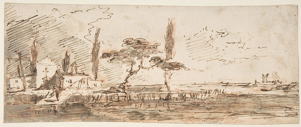 The Island of Anconetta (recto); Two Feet Wearing Pointed Shoes (verso), Francesco Guardi (Italian, Venice 1712–1793 Venice), Pen and brown ink, brush with brown and gray wash, over red chalk (recto); at upper border appear two feet wearing pointed shoes, pricked for transfer and executed in brush and brown, blue, and yellow wash (verso) 