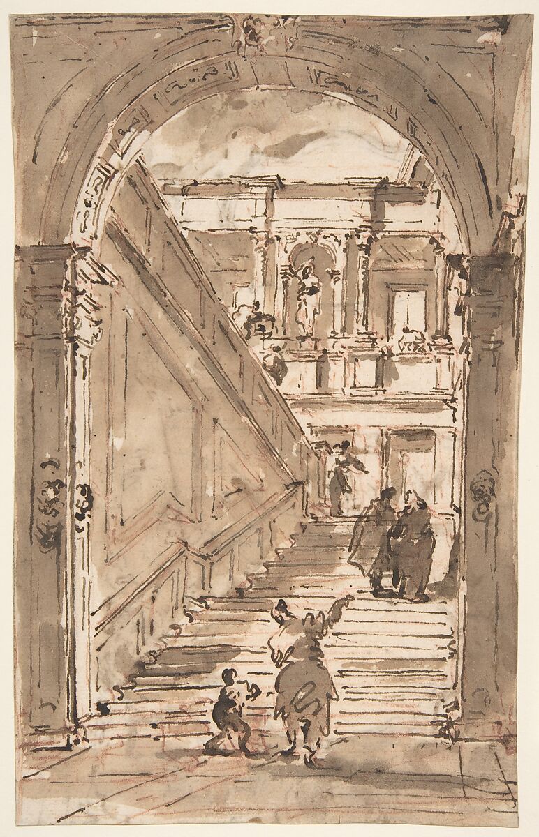 Architectural Fantasy: Figures on a Grand Staircase (recto); Studies for the Frame of a Shaped Field (verso), Francesco Guardi (Italian, Venice 1712–1793 Venice), Pen and brown ink, brush and brown wash, over red chalk (recto); pen and brown ink, brush and brown wash (verso) 