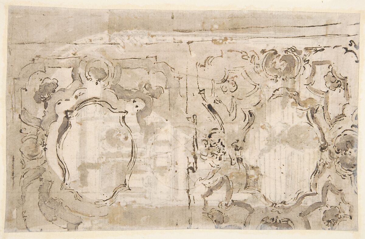 Architectural Fantasy: Figures on a Grand Staircase (recto); Studies for the Frame of a Shaped Field (verso), Francesco Guardi (Italian, Venice 1712–1793 Venice), Pen and brown ink, brush and brown wash, over red chalk (recto); pen and brown ink, brush and brown wash (verso)