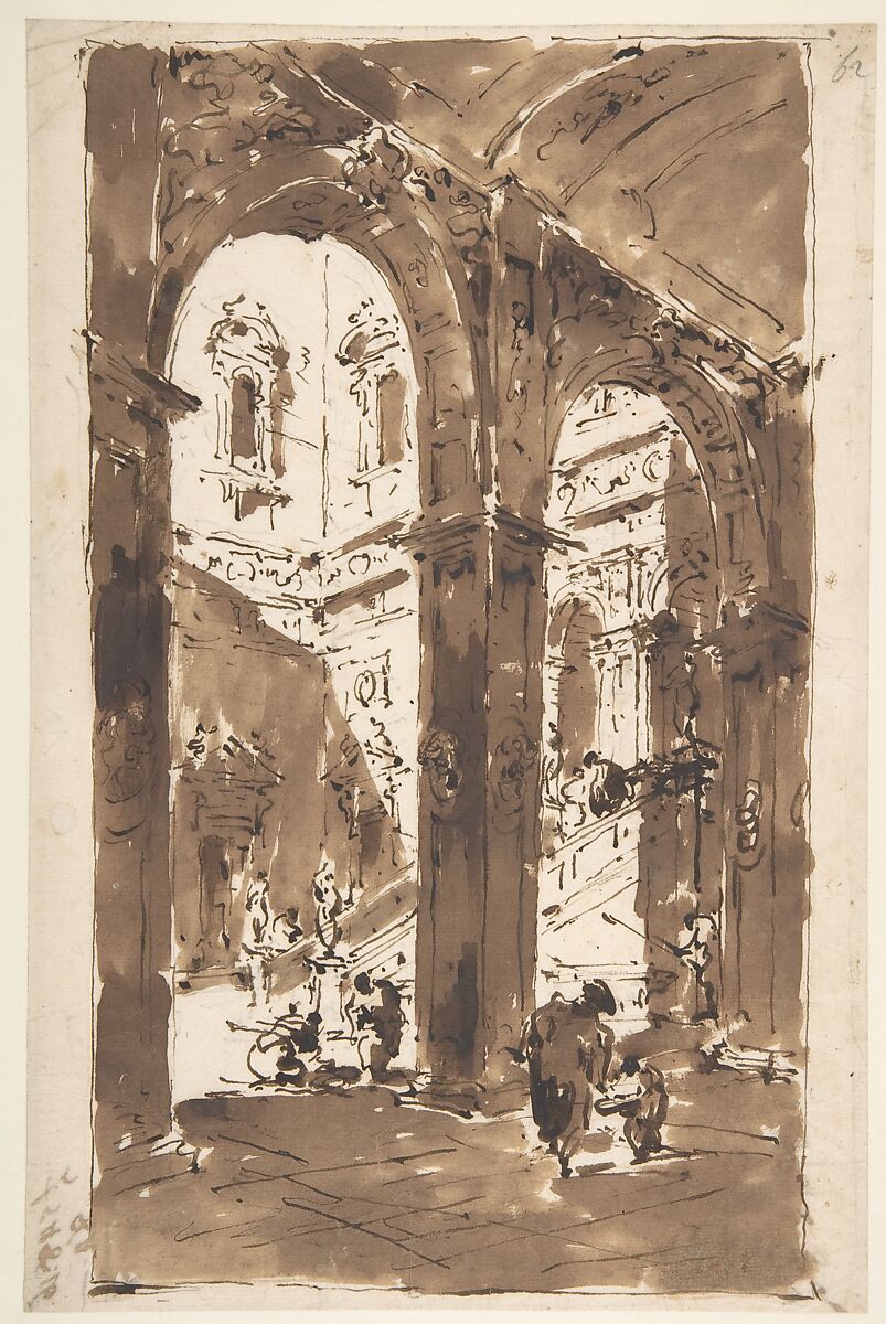 Architectural Capriccio: Courtyard of a Palace, Francesco Guardi (Italian, Venice 1712–1793 Venice), Pen and brown ink, brush and brown wash, over graphite or lead or black chalk. Framing lines in pen and brown ink. A few red chalk marks 