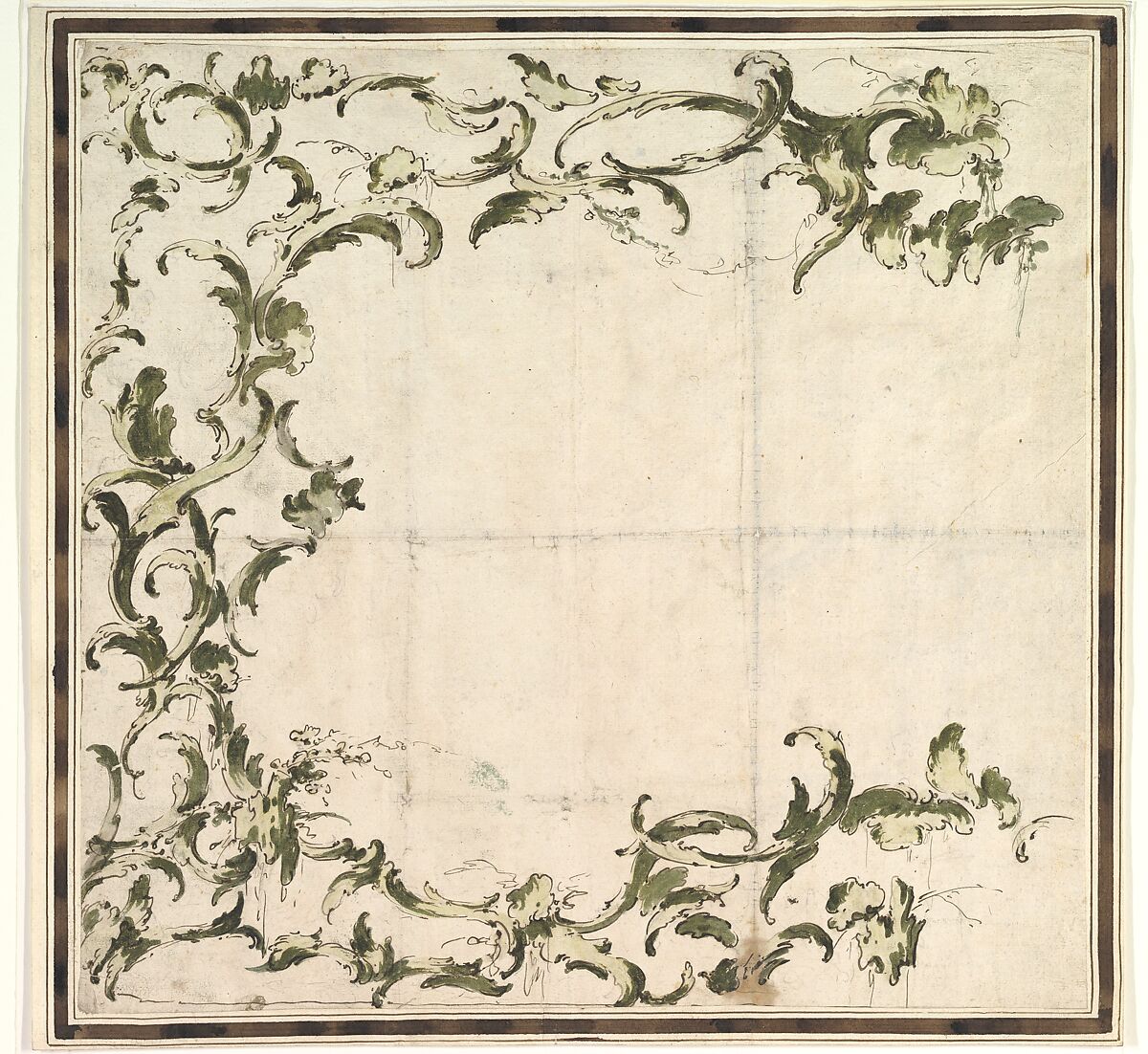 Design for a Framing Motif, Francesco Guardi  Italian, Pen and brown ink, brush with light and dark green watercolor (?), over graphite or lead or black chalk