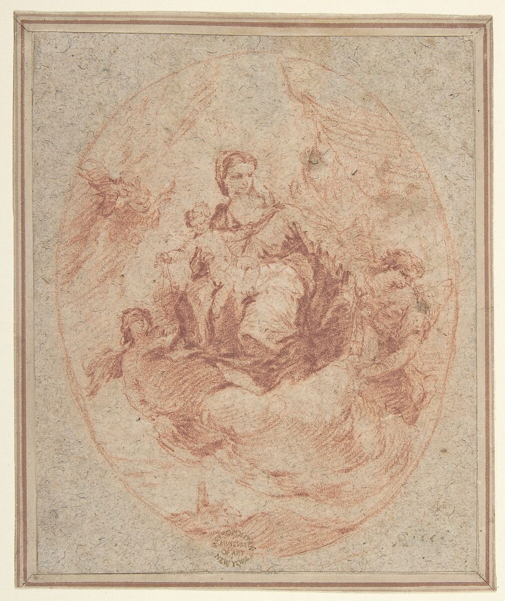 The Virgin and Child Holding Scapulars, Attributed to Francesco Guardi (Italian, Venice 1712–1793 Venice), Red chalk, traces of gouache highlight, on gray (originally blue) paper 