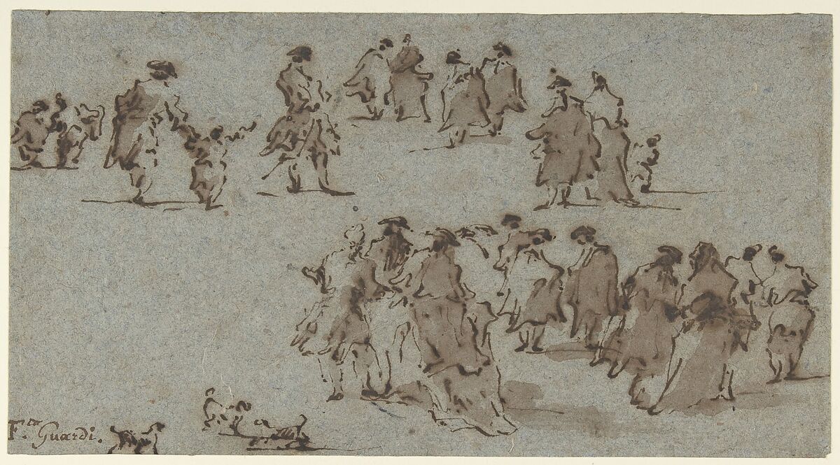 Studies for Groups of Walking Dressed Figures, Francesco Guardi (Italian, Venice 1712–1793 Venice), Pen and brown ink, brush and brown wash, on blue paper faded to blue-brown 