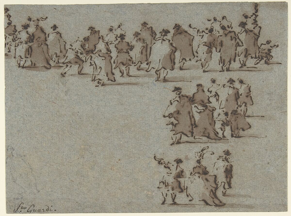 Studies of Walking Figures, Francesco Guardi (Italian, Venice 1712–1793 Venice), Pen and brown ink, brush and brown wash, on blue paper faded to blue-brown.  Another figure in black chalk at lower left of drawing 