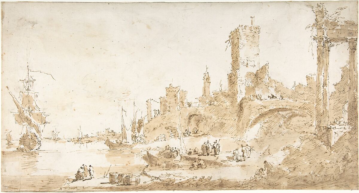 Capriccio with a Seaport and Classical Ruins, Francesco Guardi (Italian, Venice 1712–1793 Venice), Pen and brown ink, brush and brown wash, over black chalk 