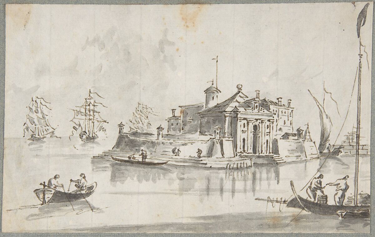 A Port near Venice: Chioggia (?), Giacomo Guardi (Italian, Venice (?) 1764–1835 Venice (?)), Pen and brown ink, brush and gray wash 