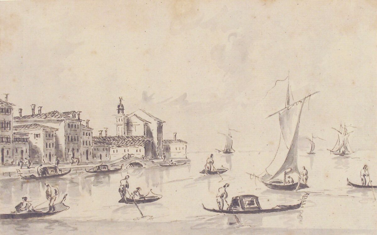San Biagio on the Giudecca, Giacomo Guardi (Italian, Venice (?) 1764–1835 Venice (?)), Pen and brown ink, brush and gray wash