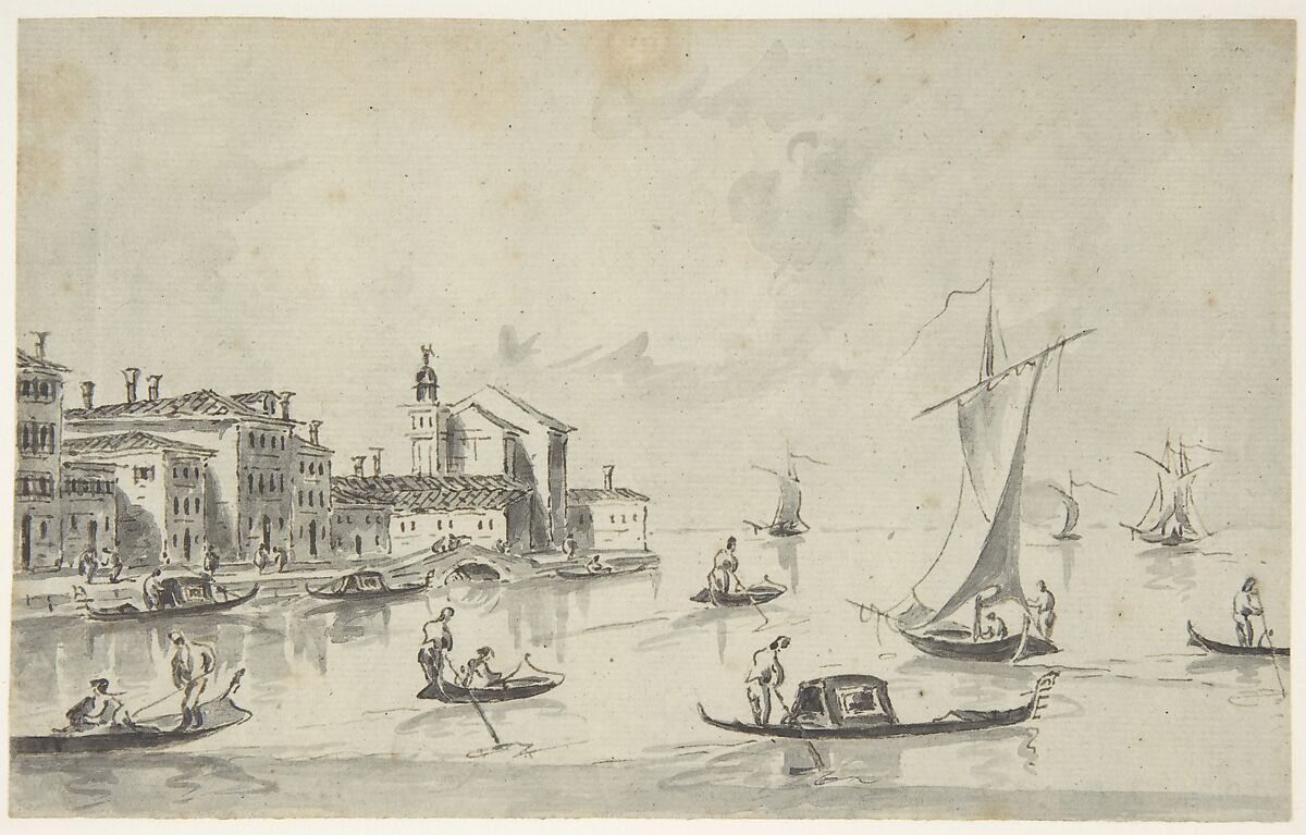 San Biagio on the Giudecca, Giacomo Guardi (Italian, Venice (?) 1764–1835 Venice (?)), Pen and brown ink, brush and gray wash, on pale gray paper 