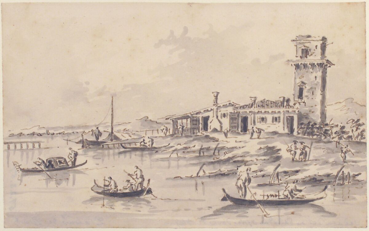 The Tower at Marghera, Giacomo Guardi (Italian, Venice (?) 1764–1835 Venice (?)), Pen and brown ink, brush and  gray wash, over graphite or lead or black chalk