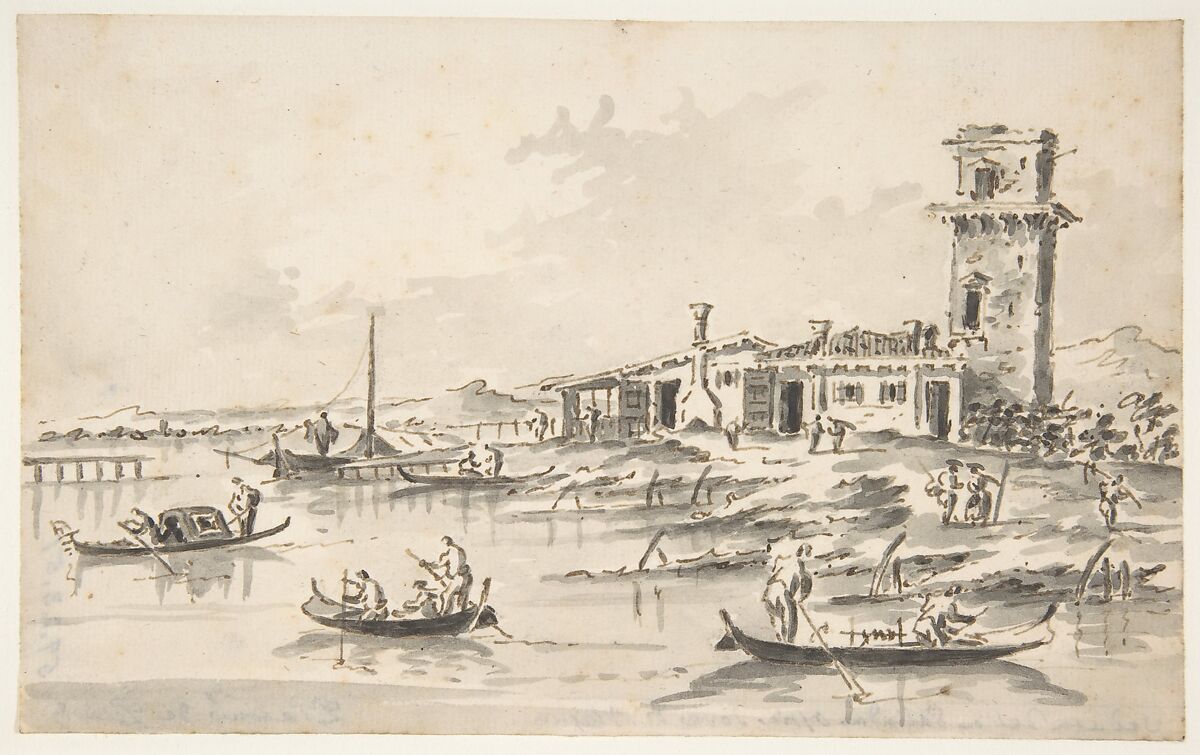 The Tower at Marghera, Giacomo Guardi (Italian, Venice (?) 1764–1835 Venice (?)), Pen and brown ink, brush and  gray wash, over traces of graphite or lead or black chalk 