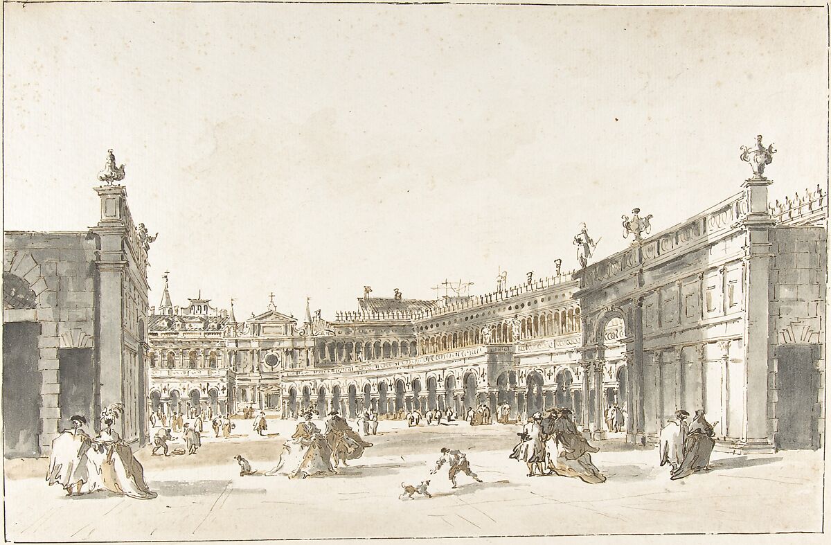 Piazza San Marco Decorated for the Festa della Sensa, Attributed to Giacomo Guardi (Italian, Venice (?) 1764–1835 Venice (?)) (?), Pen and brown ink, brush with gray and brown wash, over black chalk. Framing lines in pen and brown ink 