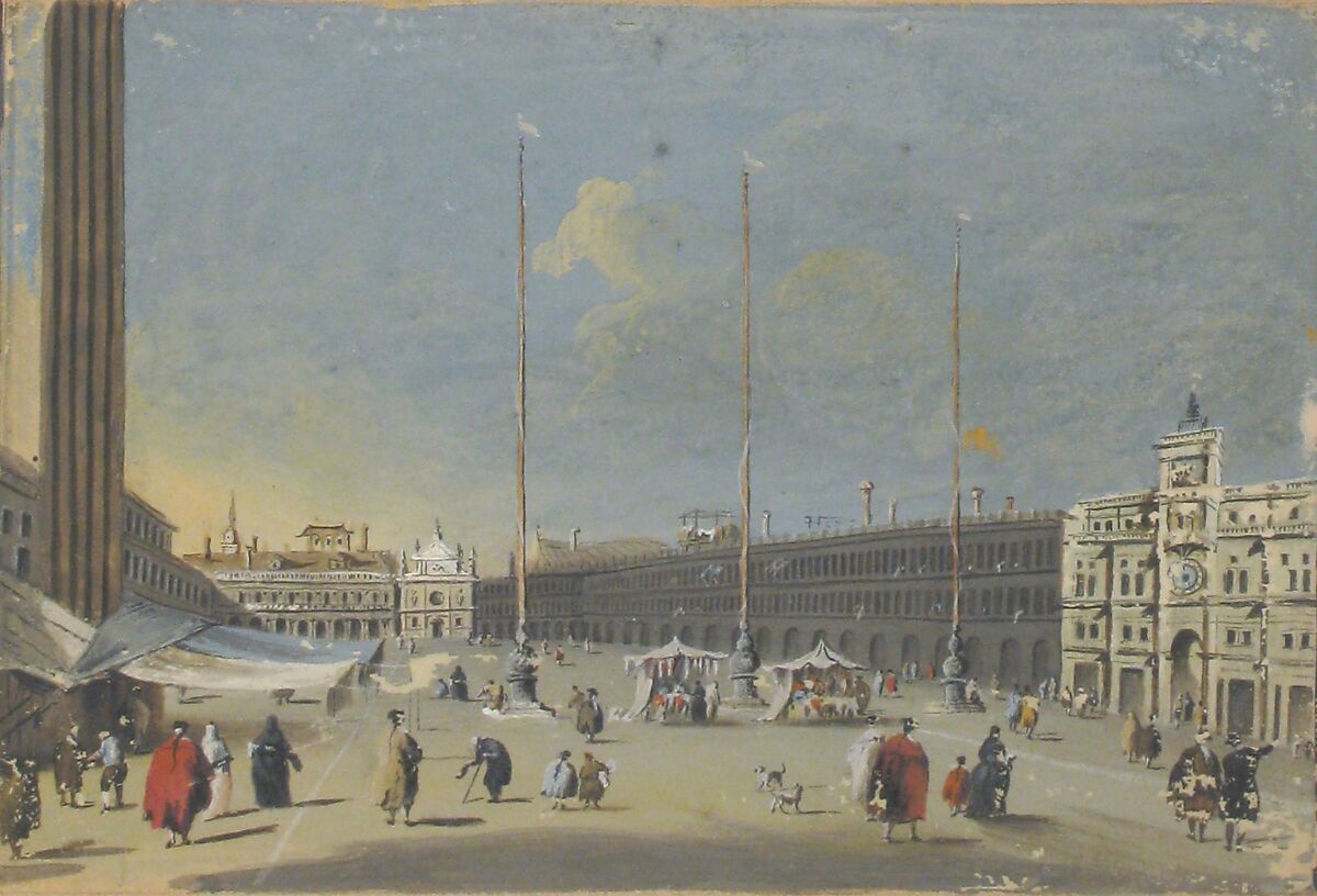 View of the Piazza di San Marco Toward the South (showing the now destroyed church of San Geminiano), Attributed to Giacomo Guardi (Italian, Venice (?) 1764–1835 Venice (?)) (?), Brush and gouache