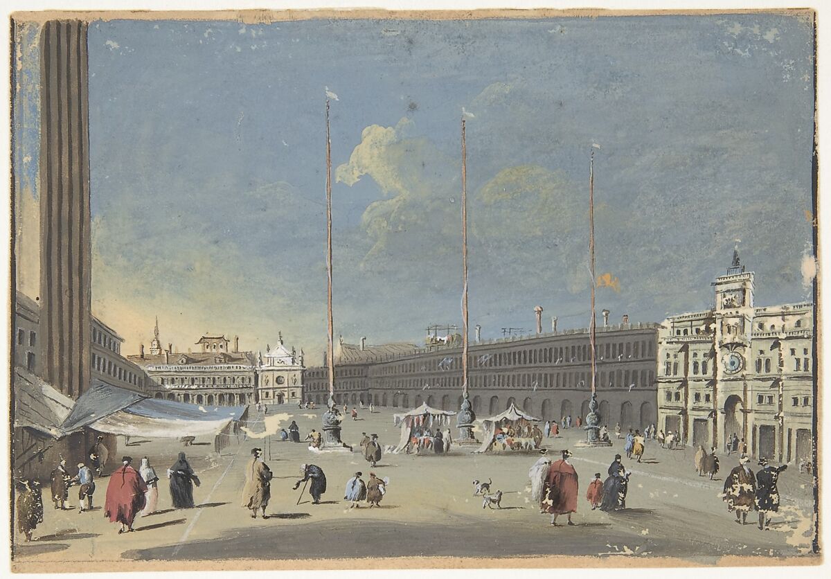 View of the Piazza di San Marco Toward the South (showing the now destroyed church of San Geminiano), Attributed to Giacomo Guardi (Italian, Venice (?) 1764–1835 Venice (?)) (?), Brush and gouache 