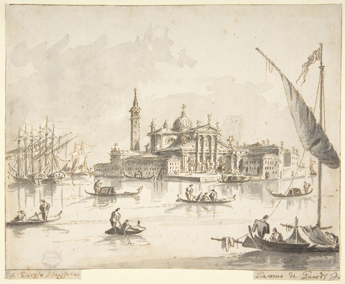 The Island of San Giorgio Maggiore, Venice, Giacomo Guardi (Italian, Venice (?) 1764–1835 Venice (?)), Pen and brown ink, brush and gray wash, over traces of black chalk. Framing lines in pen and brown ink 