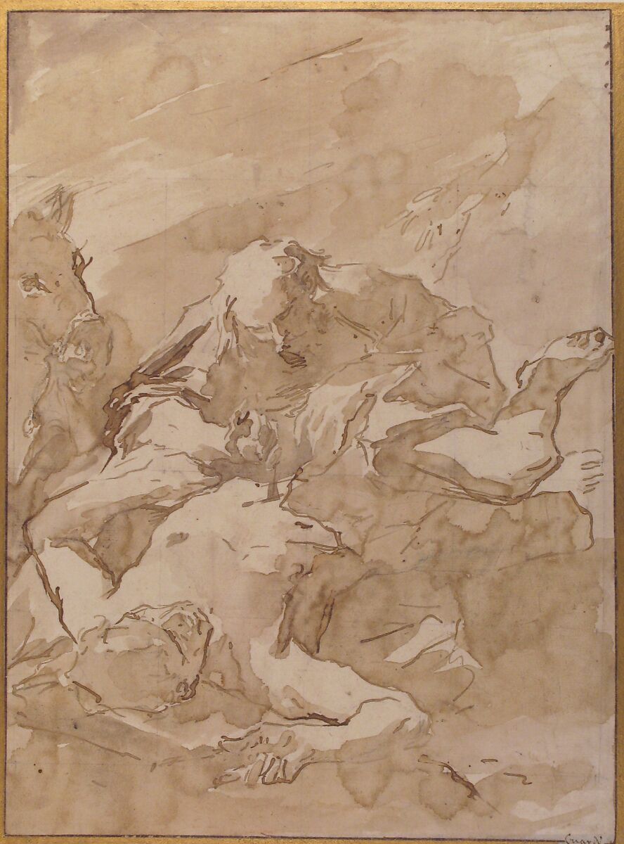 The Good Samaritan, Giovanni Antonio Guardi (Italian, Vienna 1699–1766 Venice), Pen and brown ink, brush and brown wash, over black chalk; squared for transfer in black chalk; framing lines in pen and brown ink