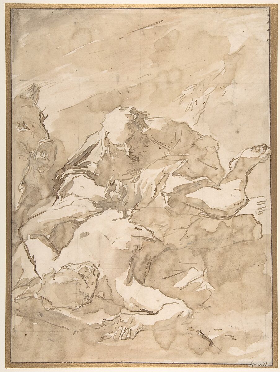 The Good Samaritan, Giovanni Antonio Guardi (Italian, Vienna 1699–1766 Venice), Pen and brown ink, brush and brown wash, over black chalk; squared for transfer in black chalk; framing lines in pen and brown ink 